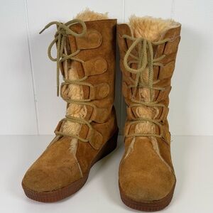 Vintage 70s Brown Suede Leather Sherpa Lined Boots Made in Korea Size 8